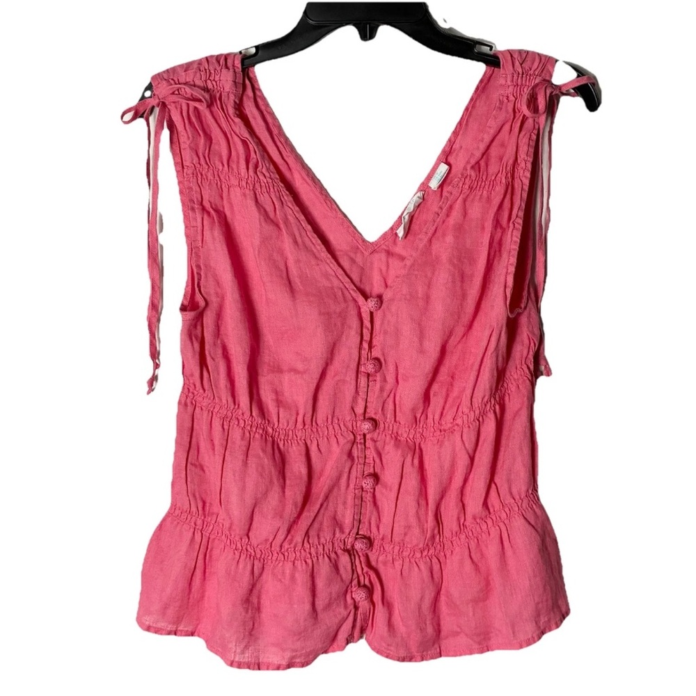 Cynthia Rowley Pink Blouse M Linen Ruched Tiered Buttoned Boho Indie